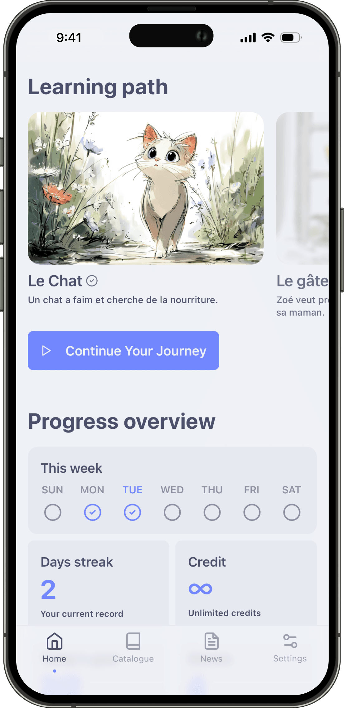 Screenshot showing Doku's personalized story path feature with curated French reading recommendations based on your level